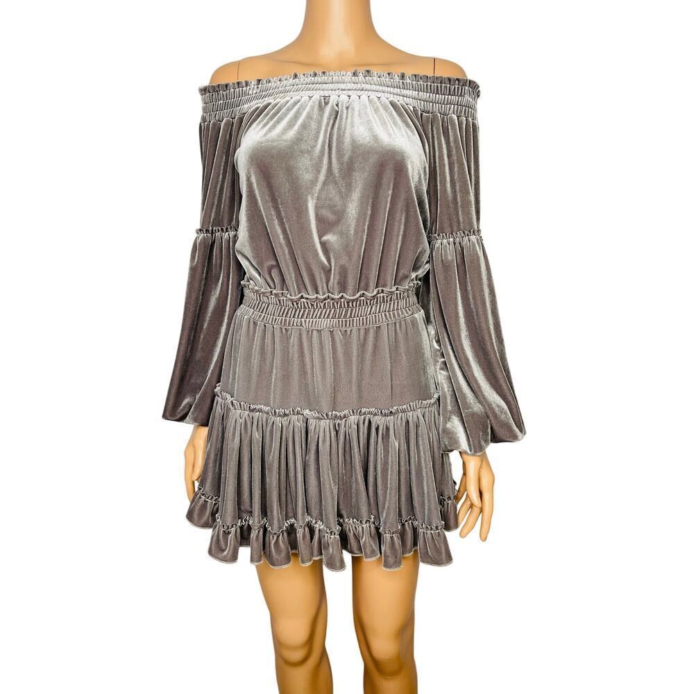 MISA Los Angeles Womens Talin Off The shoulder Velvet Mini Dress Sz S Gray